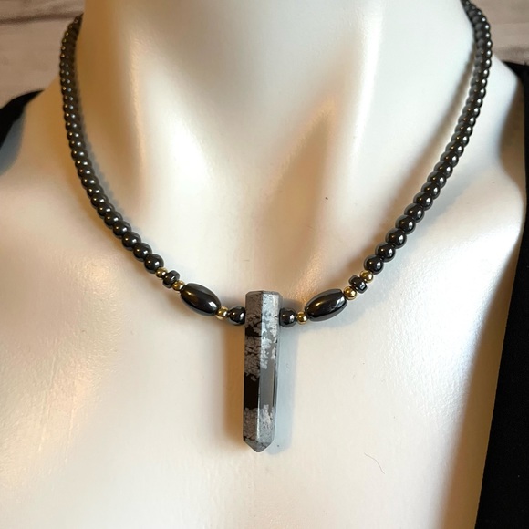 Hematite and Snowflake Obsidian Point Necklace - Picture 1 of 2